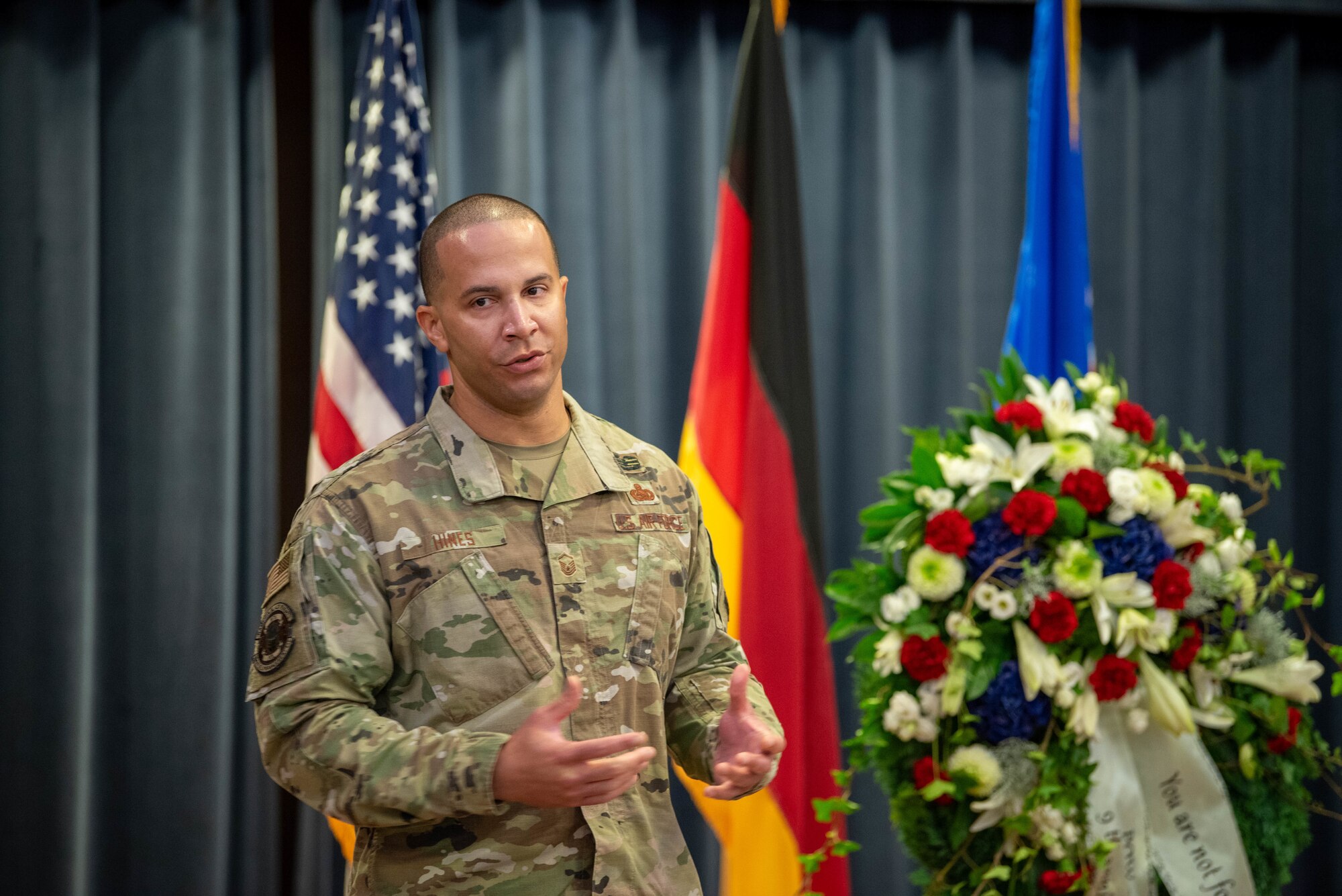 U.S. Air Force Master Sgt. Ryan Hines, 86th Logistics Readiness Group fuels management flight section chief, shares his experience throughout his military career during a POW/MIA Remembrance Day ceremony