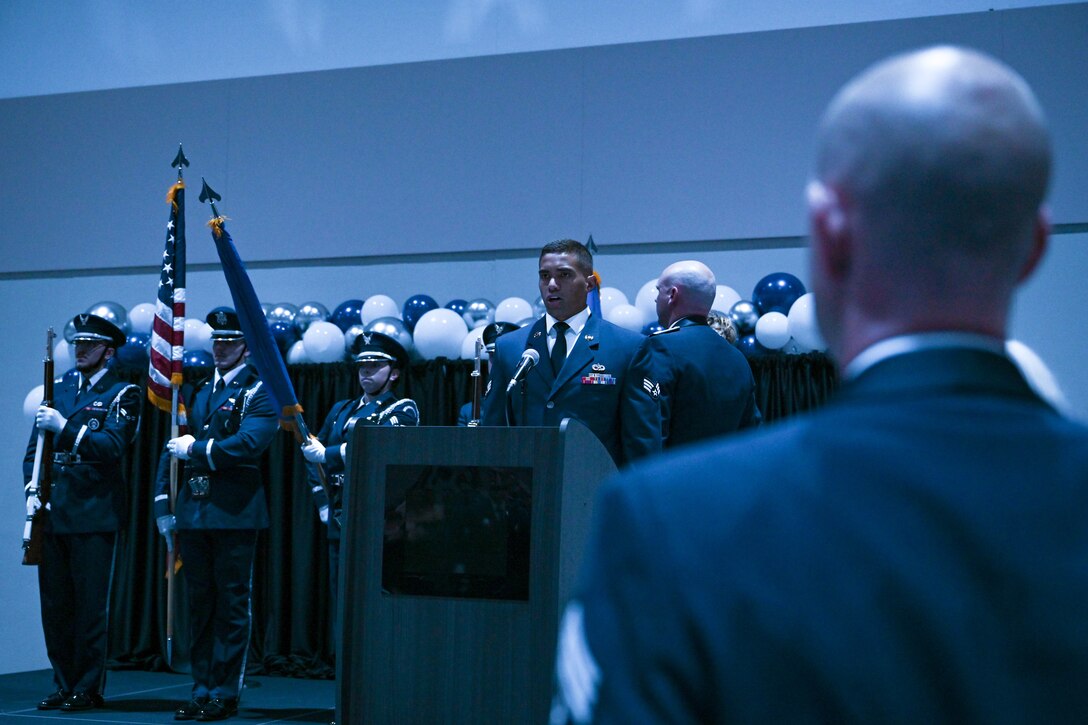 Senior Airman Atoa Ripley, 28th Maintenance Squadron Non-Destructive Inspection craftsman, sings the national anthem during the Ellsworth Air Force Ball, Sept. 16, 2023, in Box Elder, South Dakota.
