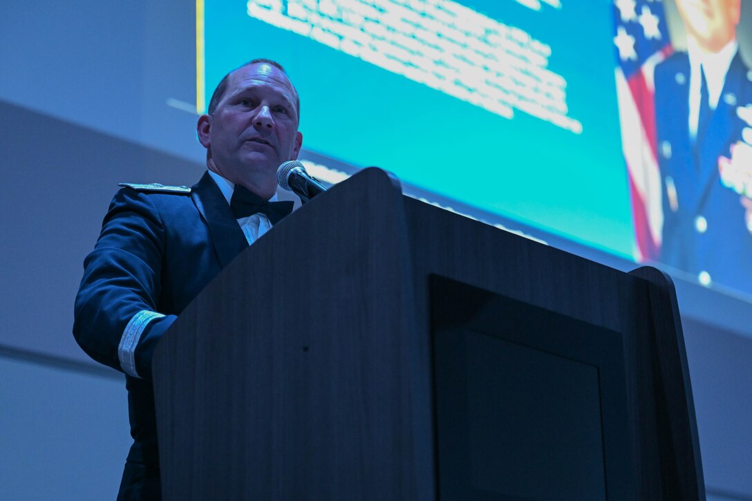 Brig. Gen (ret) Gentry Boswell, VRC Metal Systems vice president, delivers a speech during the Ellsworth Air Force Ball, Sept. 16, 2023, in Box Elder, South Dakota. Boswell is a 31 year veteran of the Air Force, serving in multiple joint operational command and staff assignments, including two wing commands, director of operations and communications for Air Force Global Strike Command, and director for special programs in the Pentagon Headquarters Air Force/A8D.