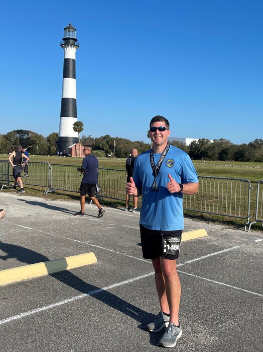  USSF Major Jared Myers participates in the inaugural Space Force T-Minus 10-Miler at Cape Canaveral Space Force Station, December 2022. Myers transferred to the USSF in May 2022 and is serving at the Det 1, 22 SOPS commander at Malmostrom AFB, Montana.