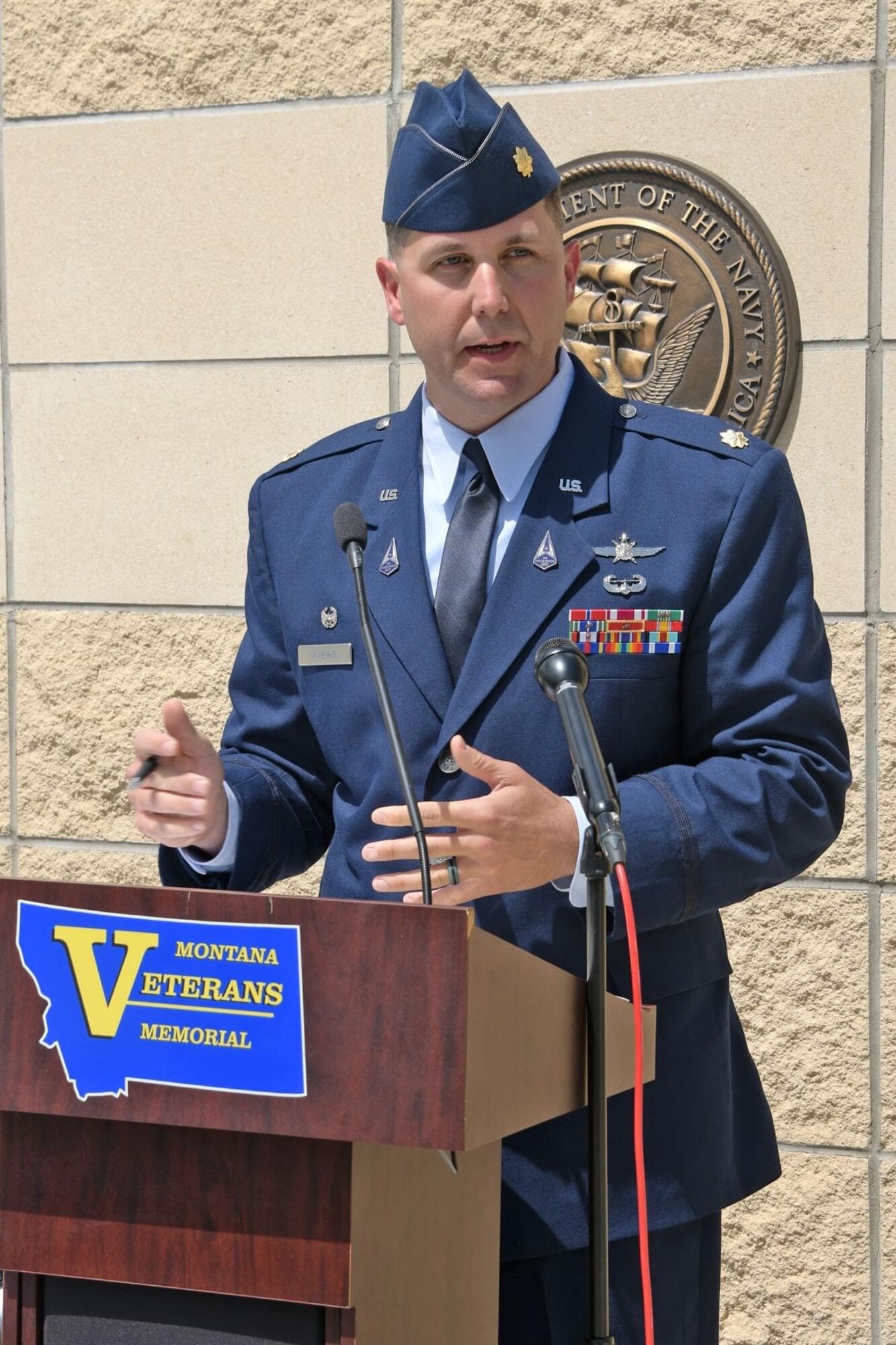 UUSF Major Jared Myers speaks at a ceremony recognizing the addition of the USSF seal at the Montana Veterans Memorial, June 2023. Myers transferred to the USSF in May 2022 and is serving at the Det 1, 22 SOPS commander at Malmostrom AFB, Montana.