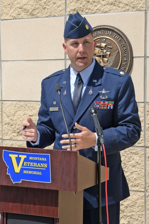  UUSF Major Jared Myers speaks at a ceremony recognizing the addition of the USSF seal at the Montana Veterans Memorial, June 2023. Myers transferred to the USSF in May 2022 and is serving at the Det 1, 22 SOPS commander at Malmostrom AFB, Montana.