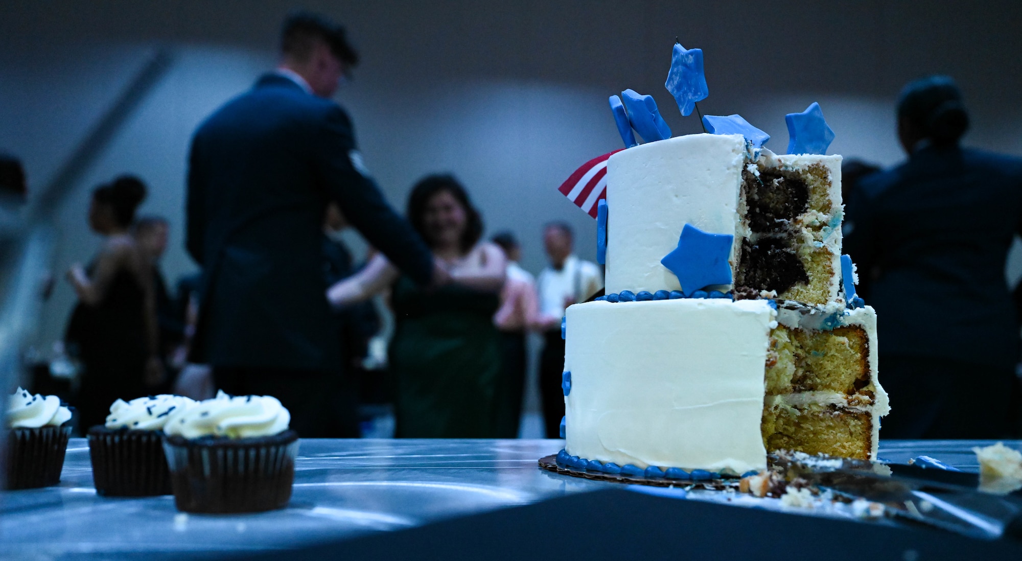 The Ellsworth Air Force Ball cake sits in front of the ballroom dance floor, Sept. 16, 2023, in Box Elder, South Dakota.