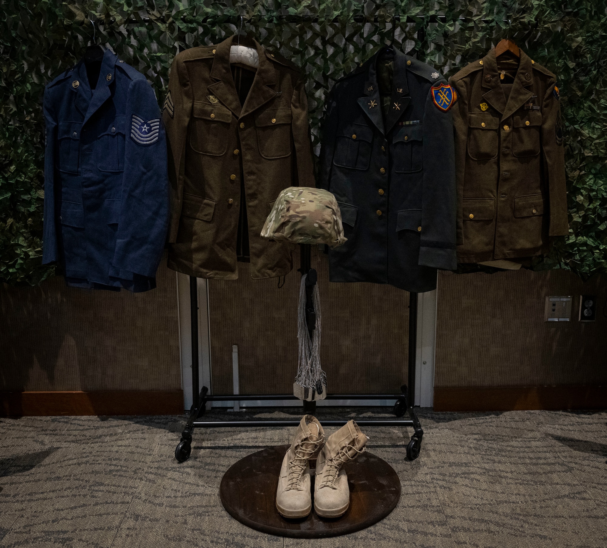 A display is set up at the Maxwell Center during an Air Force Ball in Goldsboro, North Carolina, Sep. 16, 2023. This year's theme was “warriors of yesterday, pioneers of tomorrow” and paid homage to Vietnam War veterans. (U.S. Air Force photo by Senior Airman David Lynn)