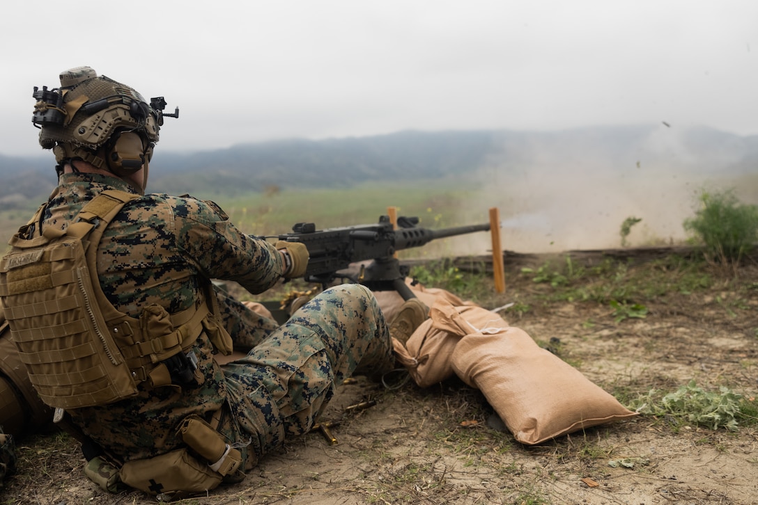 U.S. Marine Corps Capt. Ariel Kirschbaum, a field artillery officer and native of Olney, Maryland, with 1st Air Naval Gunfire Liaison Company, I Marine Expeditionary Force Information Group, fires the M2A1 .50 caliber machine gun during the ANGLICO Basic Skills Package at Marine Corps Base Camp Pendleton, California, Sept. 15, 2023. The goal of the Basic Skills Package is to provide ANGLICO detachments with advanced training on infantry skills, machine gun employment, Helicopter Rope Suspension Technique, digital communication, and fires planning at the battalion operational level. (U.S. Marine Corps photo by Lance Cpl. Brandon Marrero)