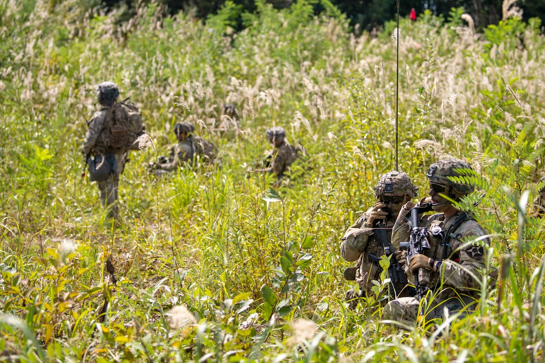 U.S. and Japanese troops wearing camouflage kneel in tall grass while carrying weapons as a fellow service member stands watch.