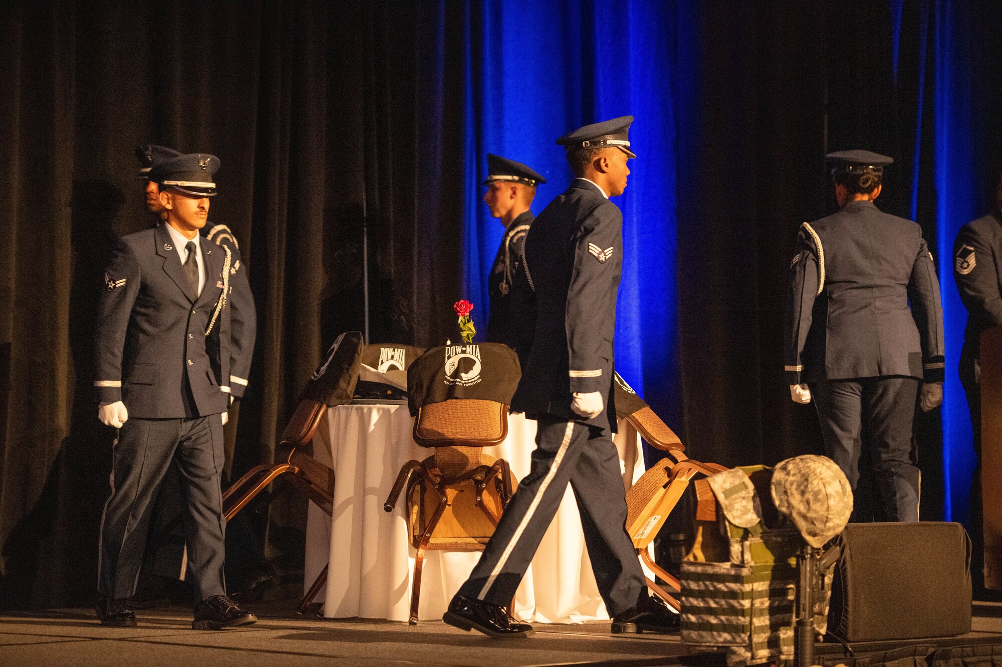 Members of the Luke Air Force Base Honor Guard perform the POW/MIA table ceremony during the 76th Air Force Ball, Sept. 16, 2023, at the Wigwam Resort, Litchfield Park, Arizona.