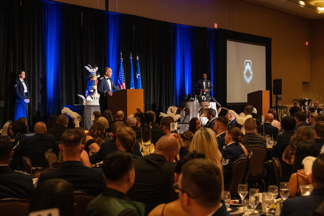 U.S. Air Force Lt. Gen. Scott Pleus, U.S. Forces Korea deputy commander, speaks to an assembled crowd during the 76th Air Force Ball, Sept. 16, 2023, at the Wigwam Resort, Litchfield Park, Arizona.