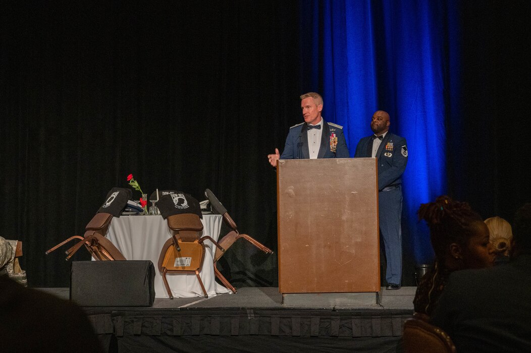 U.S. Air Force Brig. Gen. Jason Rueschhoff, 56th Fighter Wing commander, gives remarks during the 76th Air Force Ball, Sept. 16, 2023, at the Wigwam Resort, Litchfield Park, Arizona.