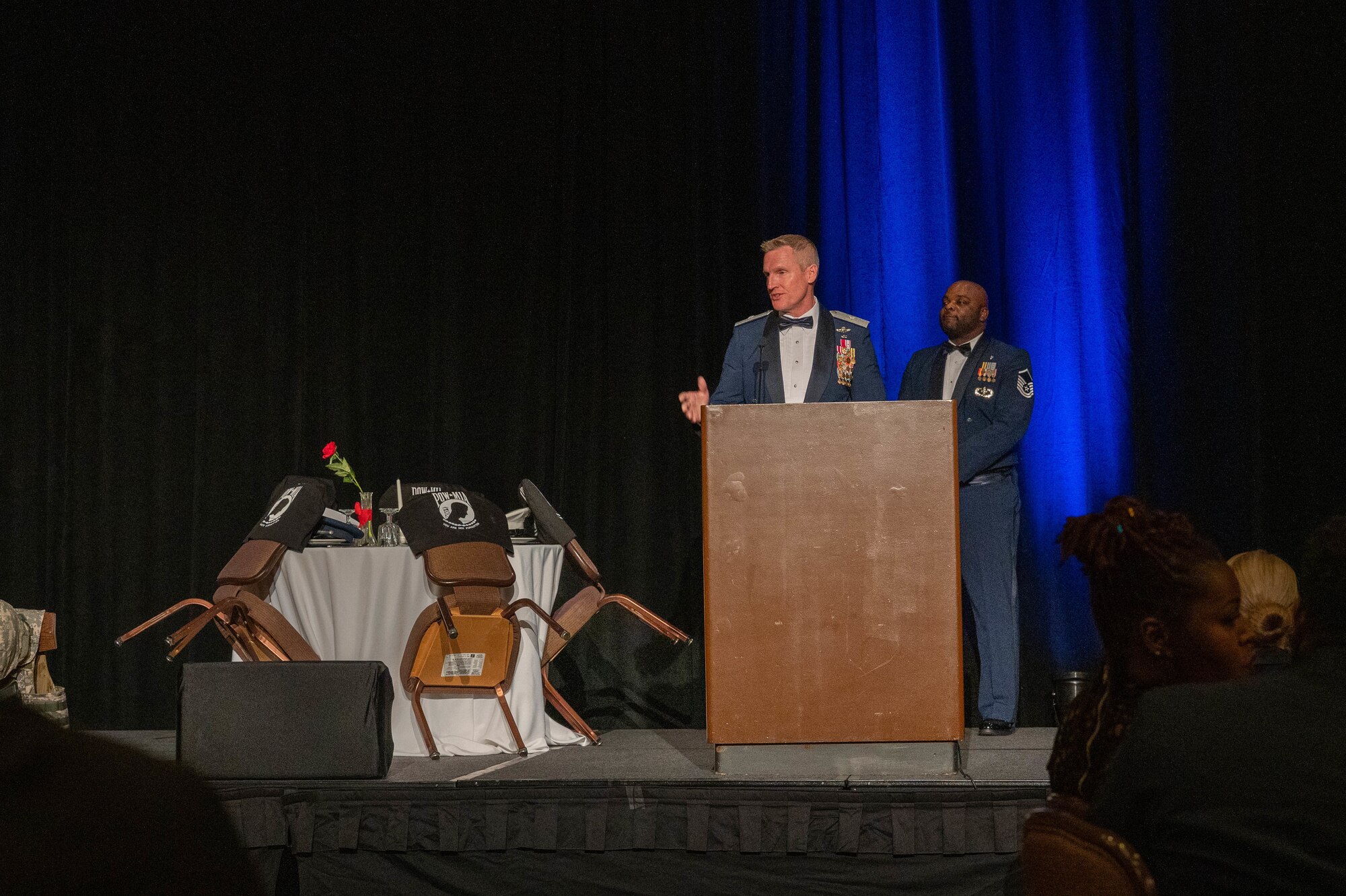 U.S. Air Force Brig. Gen. Jason Rueschhoff, 56th Fighter Wing commander, gives remarks during the 76th Air Force Ball, Sept. 16, 2023, at the Wigwam Resort, Litchfield Park, Arizona.