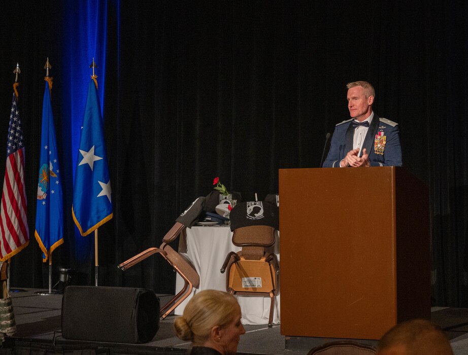 U.S. Air Force Brig. Gen. Jason Rueschhoff, 56th Fighter Wing commander, gives remarks during the 76th Air Force Ball, Sept. 16, 2023, at the Wigwam Resort, Litchfield Park, Arizona.