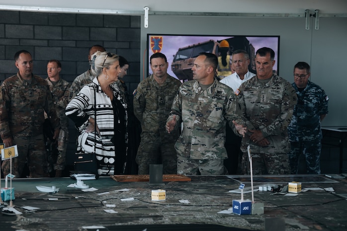 The 8th Theater Sustainment Command Commander Maj. Gen. Jered Helwig, highlights key points of the Joint Logistics Over-the-Shore operation to the Secretary of the Army Christine Wormuth and other senior leaders during Talisman Sabre 2023 in Bowen, Australia, July 31, 2023. JLOTS demonstrates the critical capability of bringing vehicles and equipment to the shore in austere environments or when port facilities are unavailable. Talisman Sabre is the largest bilateral military exercise between Australia and the United States, with multinational participation, advancing a free and open Indo-Pacific by strengthening relationships and interoperability among key allies and enhancing our collective capabilities to respond to a wide array of potential security concerns.
