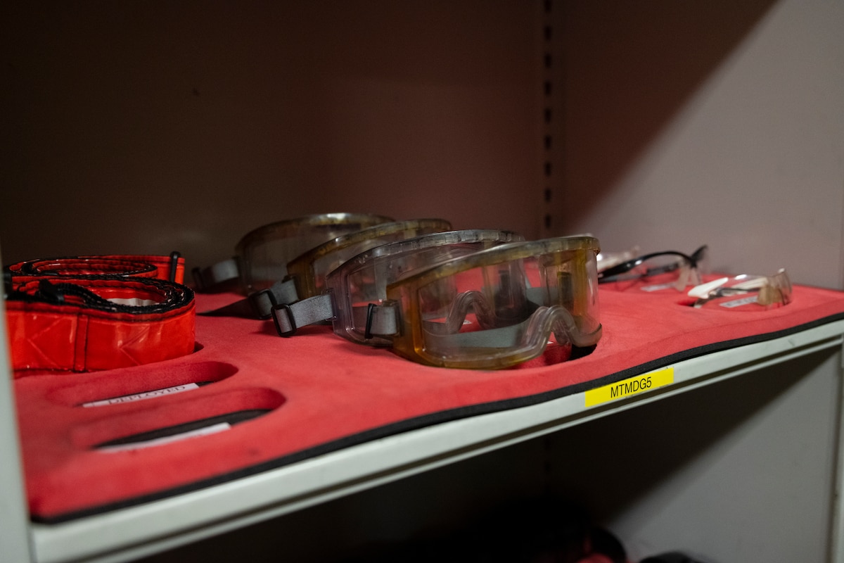 A photo of eye protective wear sitting on a shelf.