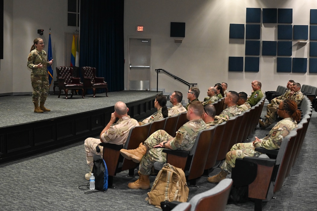 Maj. Gen. Maureen Banavige, Air Force Reserve Command mobilization assistant to the commander, addresses the 2023 International Senior Non-Commissioned Officer Development course students at the Inter-American Air Forces Academy on Joint Base San Antonio-Lackland, Texas, September 18, 2023. The allied partners during this INLEAD course consisted of students from Canada, Denmark, Germany, Netherlands, Norway and the United States. (U.S. Air Forces photo by Senior Airman Brittany Wich)