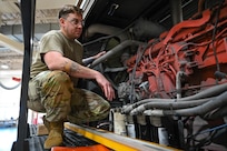 Tech. Sgt. Anthony Tavares, 28th Logistics Readiness Squadron light ground vehicle noncommissioned in charge of special purpose vehicle maintenance, conducts a Pre-Maintenance Inspection checklist on a flightline snow broom, Sept. 8, 2023, at Ellsworth Air Force Base, South Dakota.