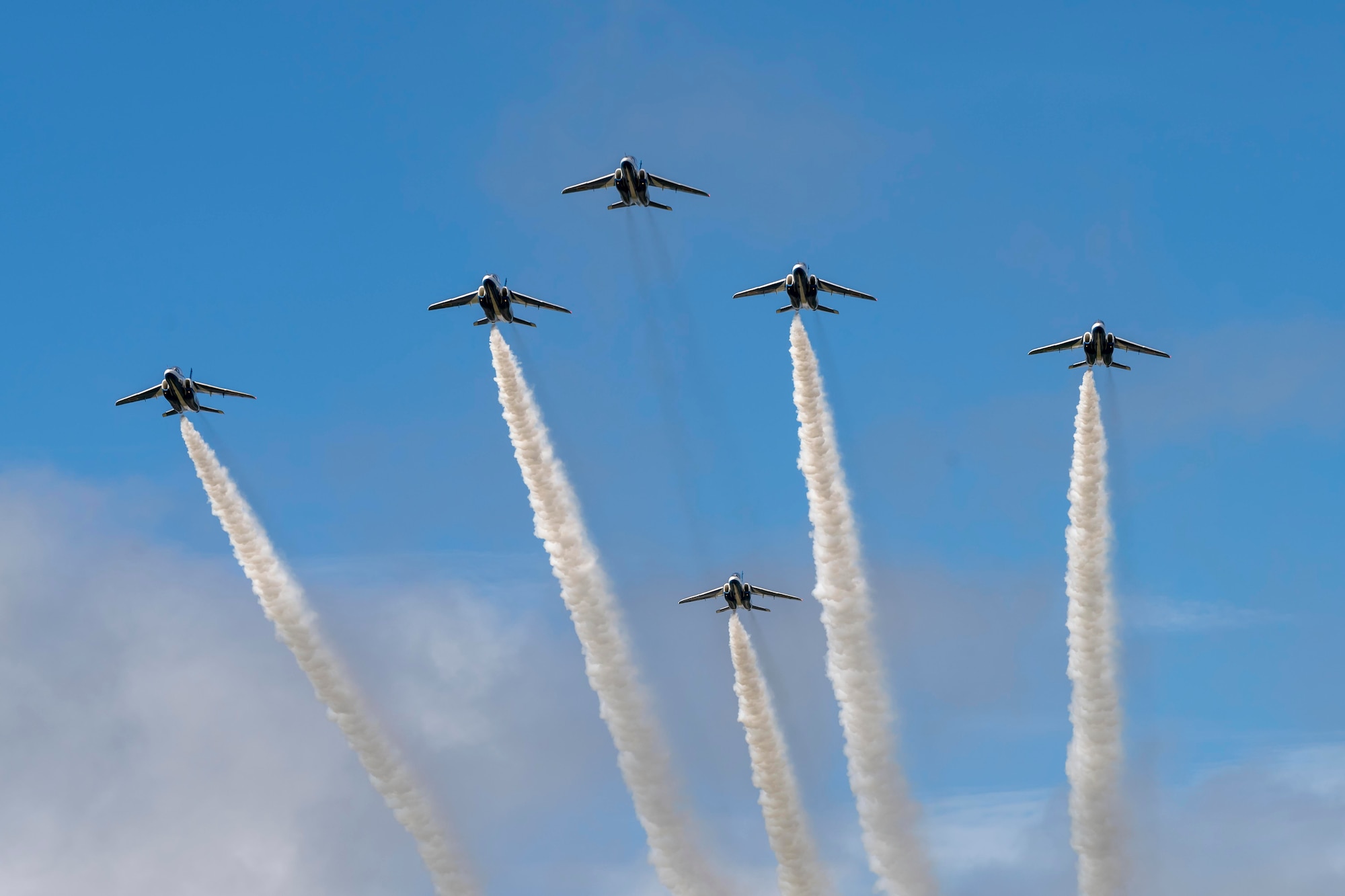 A group of six jets preforming fly over in the sky.