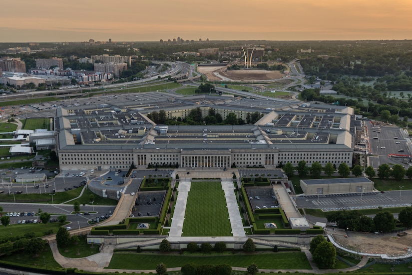 A five-sided building is photographed from above.