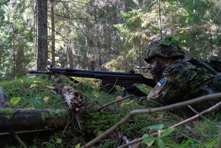 Solders from the Maryland Army National Guard's 175th Infantry Regiment conduct ambush section training for members of the Estonian Defence League, in Rutja, Lääne-Viru County, Estonia, Sept. 18, 2023. The 18 Maryland Soldiers trained over 2,000 EDL members over three days.