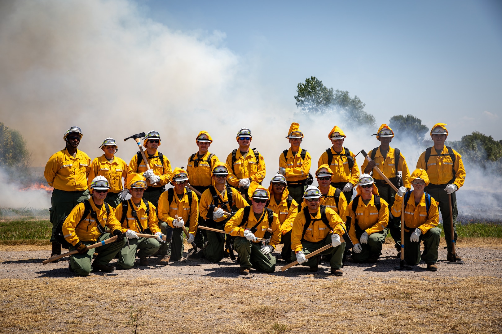 Oklahoma Army National Guard Soldiers pose for a photo at the Wildland Firefighting Course at Camp Gruber Training Center, Oklahoma, Aug. 21, 2023. Soldiers volunteered for the course to earn their Red Card Certification and have the knowledge and experience to respond to wildfire incidents both in state and around the nation. (Oklahoma Army National Guard photo by Spc. Danielle Rayon)