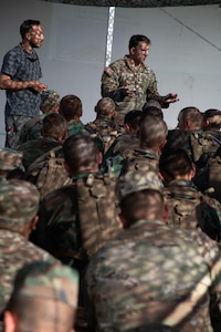 North Carolina National Guard Capt. Ken Vilagos instructs Moldovan soldiers assigned to the 2nd Motorized Infantry Brigade during Exercise Fire Shield 23 at Bulboaca Training Center, Moldova, Sept. 13, 2023. The annual exercise between North Carolina and Moldova focuses on developing artillery and fire support capabilities.