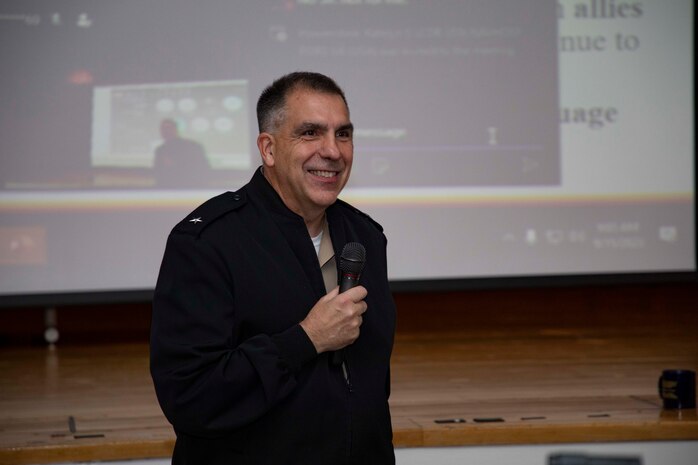 230915-N-KC192-1107 PORTSMOUTH, Va. (Sept. 15, 2023) Rear Adm. Matthew Case, commander, Naval Medical Forces Atlantic (NMFL), and director, Medical Service Corps (MSC), answers questions from attendees during the 2023 Hampton Roads MSC Symposium on board Naval Support Activity (NSA) Hampton Roads - Portsmouth Annex, Sept. 15, 2023. This year’s theme was "Building Future Leaders," and speakers provided insight on the state of MSC, leadership, career management, manpower, Defense Health Agency, and the future of Navy Medicine. (U.S. Navy photo by Mass Communication Specialist 2nd Class Levi Decker)