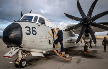 VRC-30's final take-off from North Island Naval Air Station in a C-2A Greyhound.