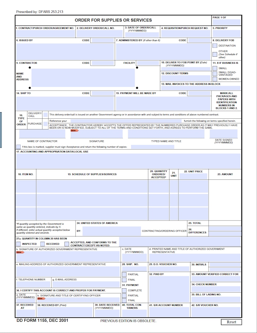 Overview of the entire Order for Supplies or Services (DD1155 Form)  first page.