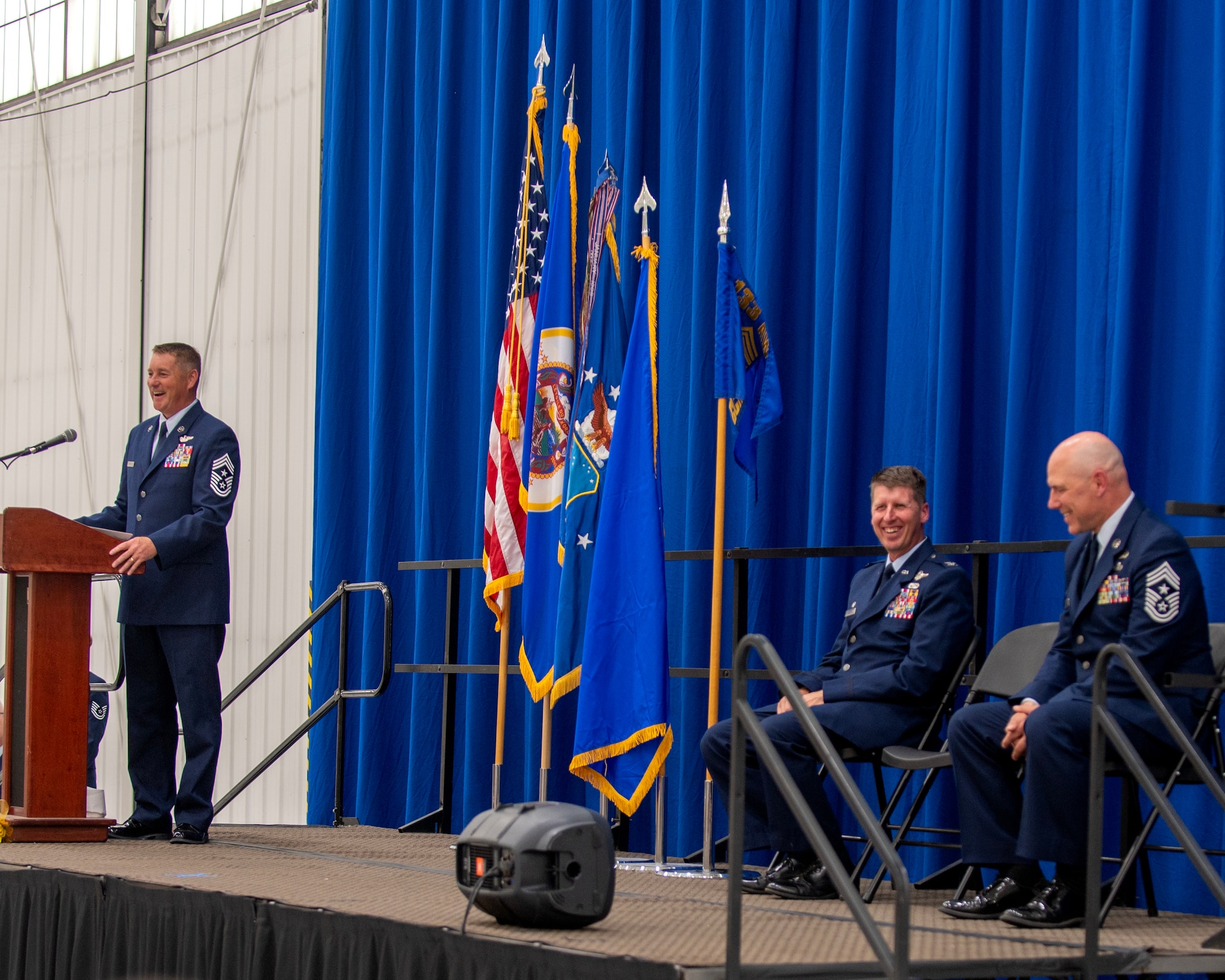 U.S. Air Force Airmen from the 133rd Airlift Wing, along with friends and family of U.S. Air Force Chief Master Sgt. Mark Legvold and Richard Schumacher, gather for a change of responsibility ceremony in St. Paul, Minn., Sept. 9, 2023.