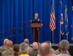U.S. Air Force Chief Master Sgt. Richard Schumacher receives the duties of Command Chief Master Sgt. of the 133rd Airlift Wing from Col. Jesse Carlson, Commander of the 133rd Airlift Wing in St. Paul, Minn., Sept. 9, 2023.