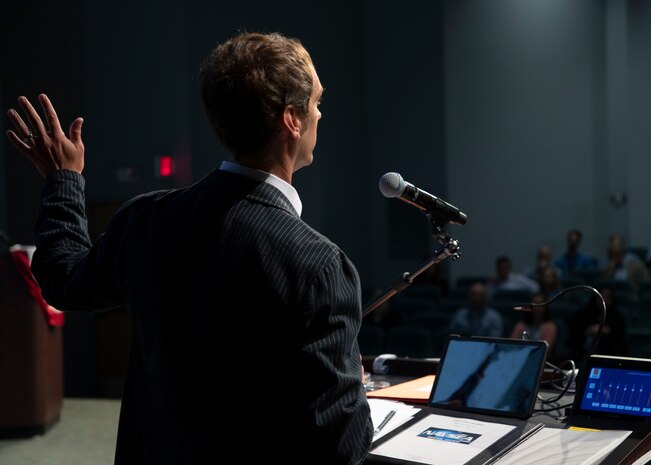 Naval Undersea Warfare Center Division, Keyport Chief Technology Officer Aaron Darnton speaks during this year's Naval Innovative Science and Engineering Technical Exchange Meeting, held at NUWC Division, Keyport, Sept. 12-14. This has been a year of firsts for the NISE TEM.