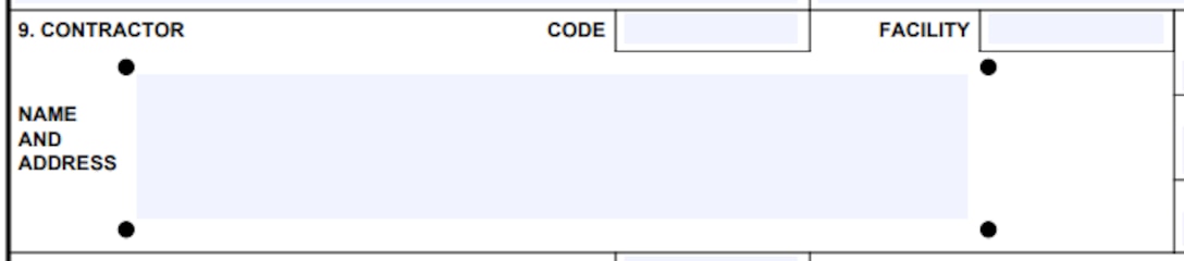 Box 9 of the Order for Supplies or Services (DD1155 Form) for Contractor Name and Address, Code and Facility information