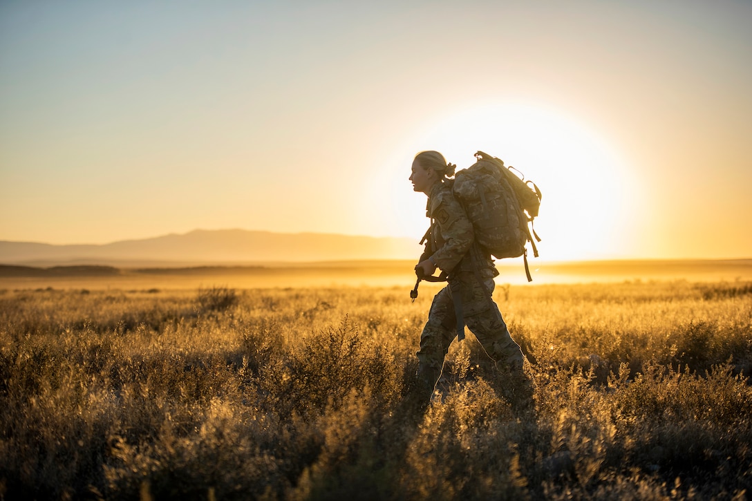 A guardsman walks in tall grass while carrying a pack under a sunlit sky with mountains in the background.