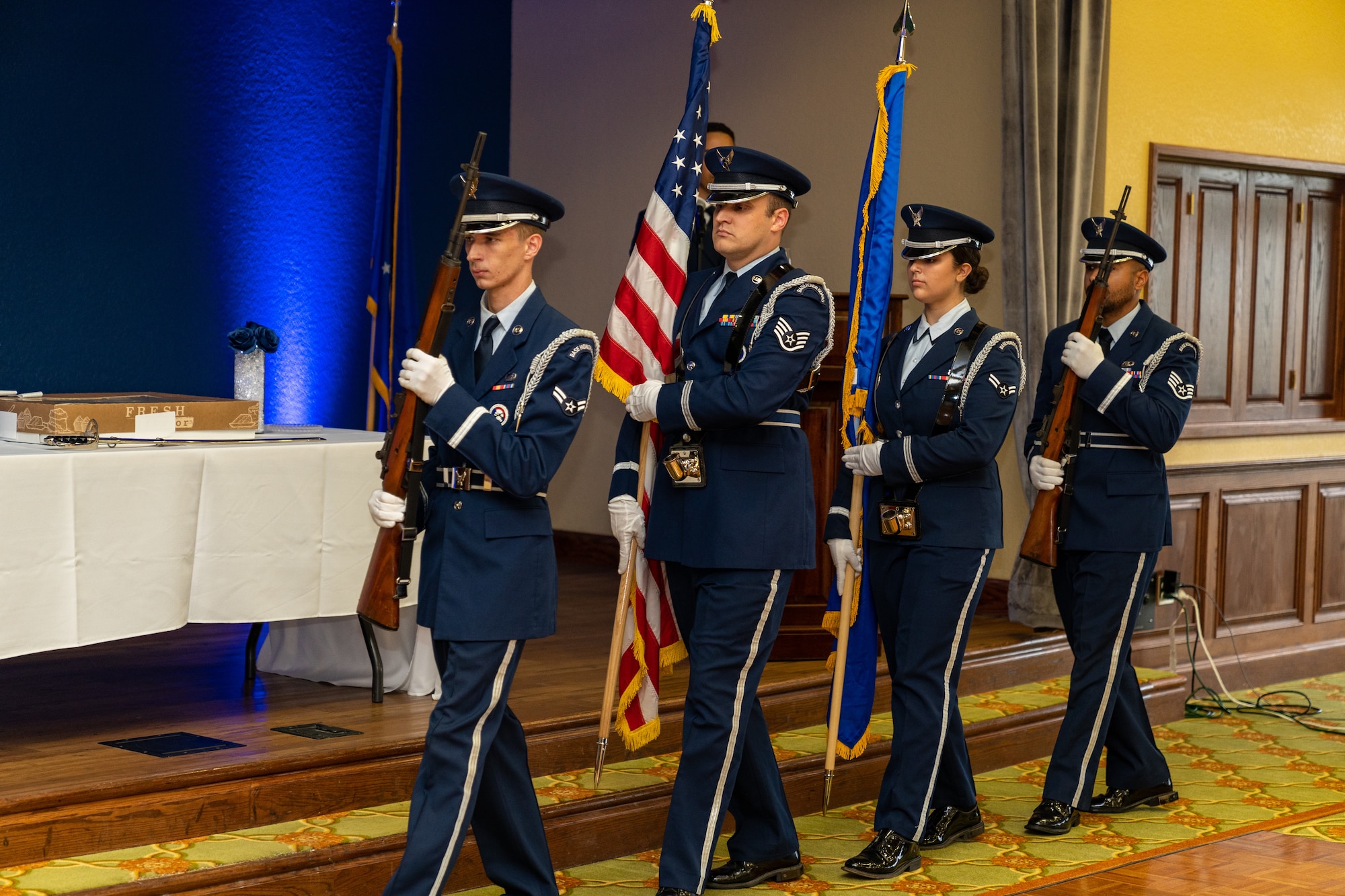 U.S. Airmen from the Keesler Honor Guard march to the Colors during the Airman’s Ball at Keesler Air Force Base, Mississippi, Sept. 14, 2023.