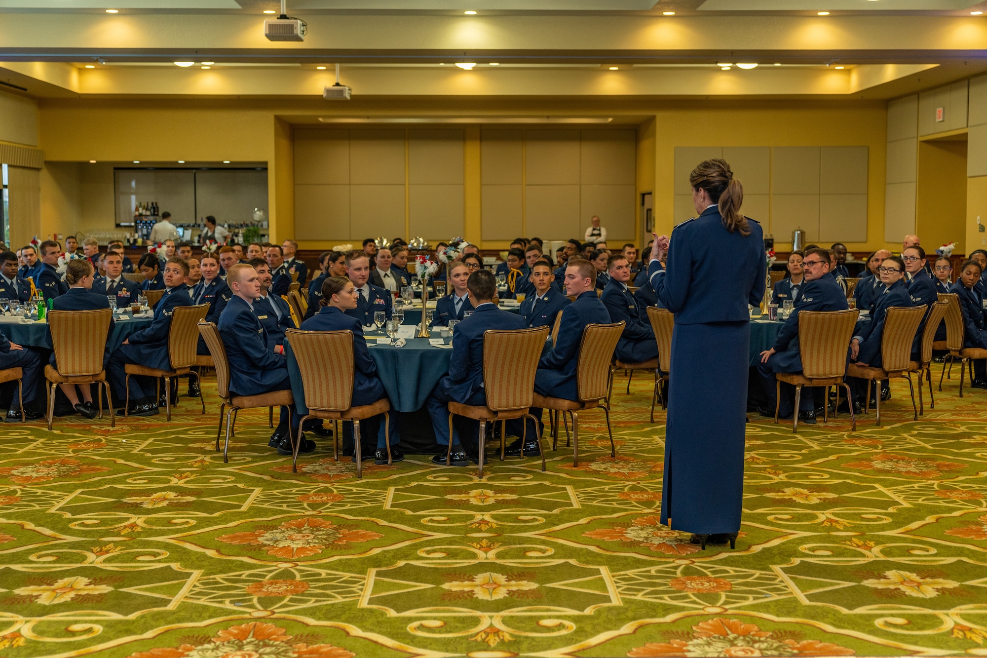 U.S. Air Force Col. Laura King, 81st Training Group commander, gives her opening remarks during the Airman’s Ball at Keesler Air Force Base, Mississippi, Sept. 14, 2023.