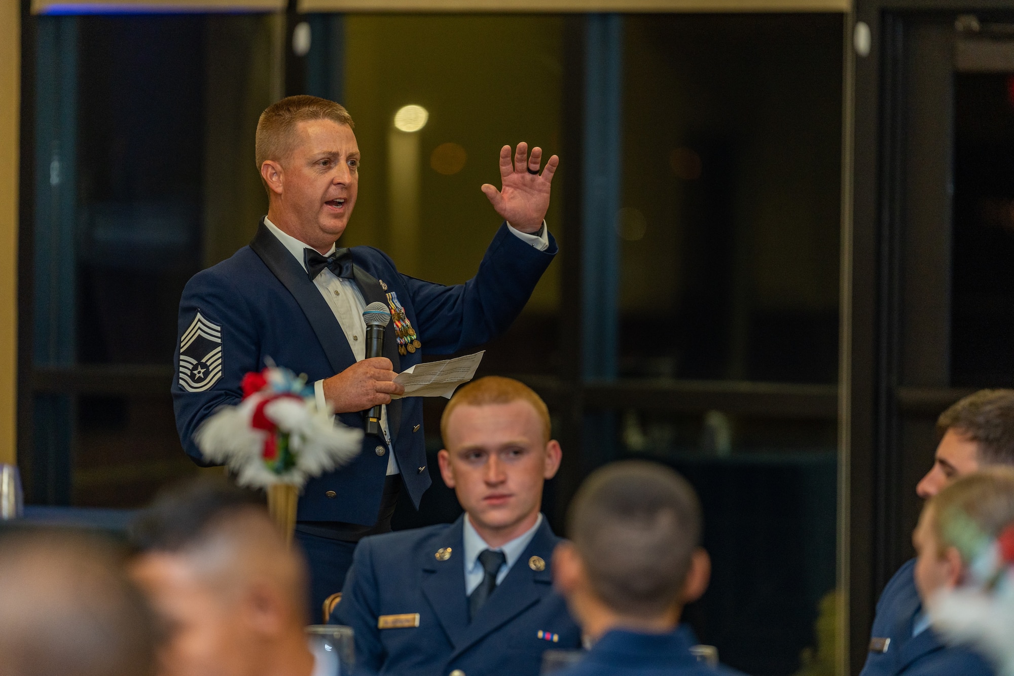 U.S. Air Force Chief Master Sgt. Jonathan Castleberry, 2nd Air Force training project manager, speaks to Airmen assigned to the 81st Training Group during the Airman’s Ball at Keesler Air Force Base, Mississippi, Sept. 14, 2023.