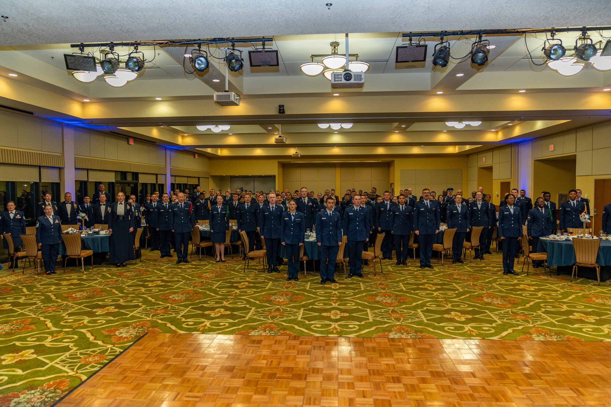 U.S. Airmen assigned to the 81st Training Group sing the Air Force song during the Airman’s Ball at Keesler Air Force Base, Mississippi, Sept. 14, 2023.