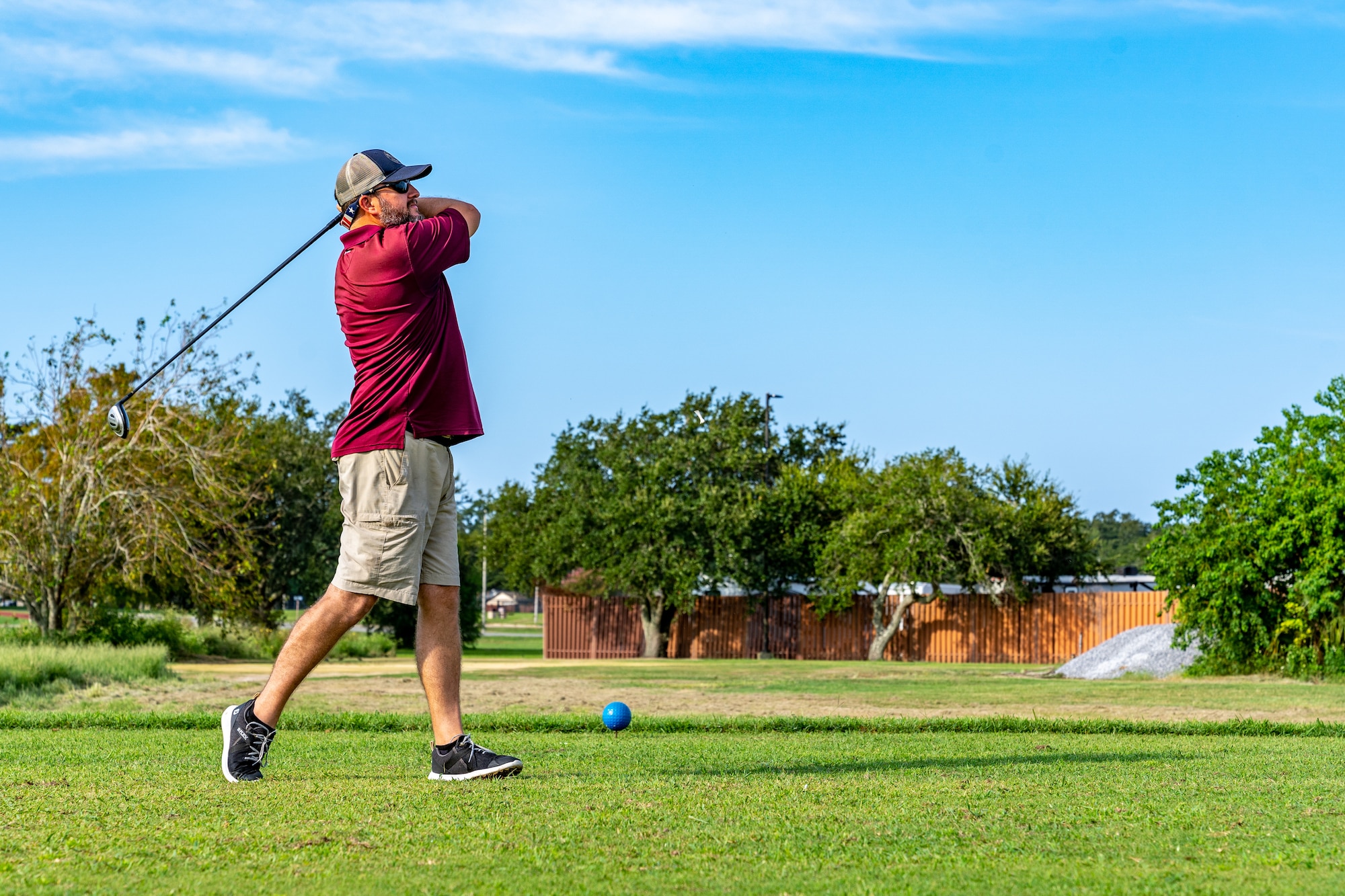 Greg Hornsby takes a swing on hole #18 during the annual Don Wylie Golf Tournament at Keesler Air Force Base, Mississippi, Sept. 16, 2023.