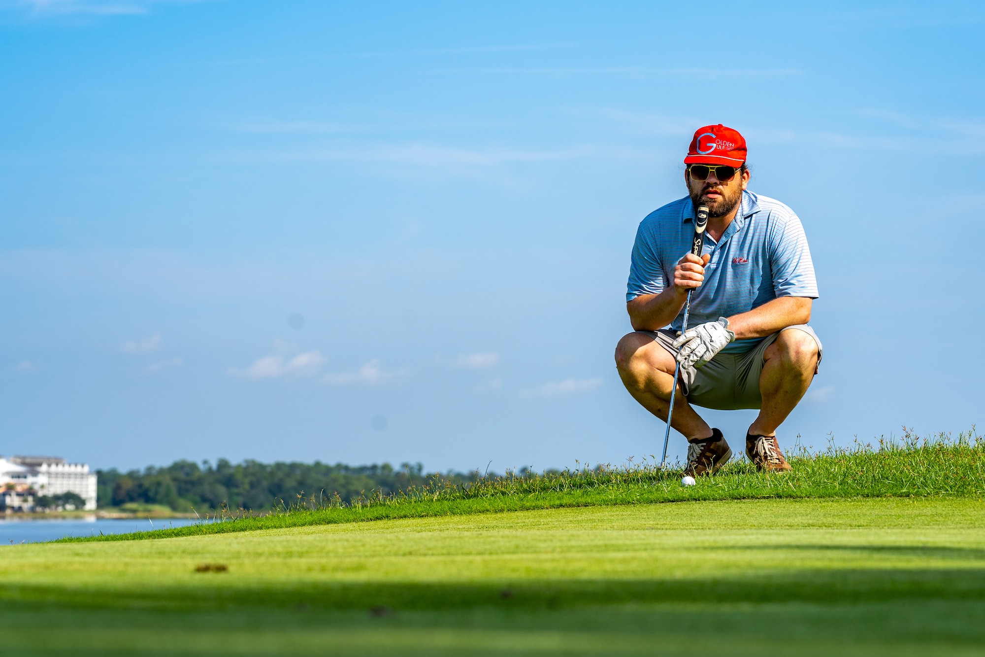 Matthew Brooks lines up his putt during the Don Wylie Golf Tournament at Keesler Air Force Base, Mississippi, Sept. 16, 2023.