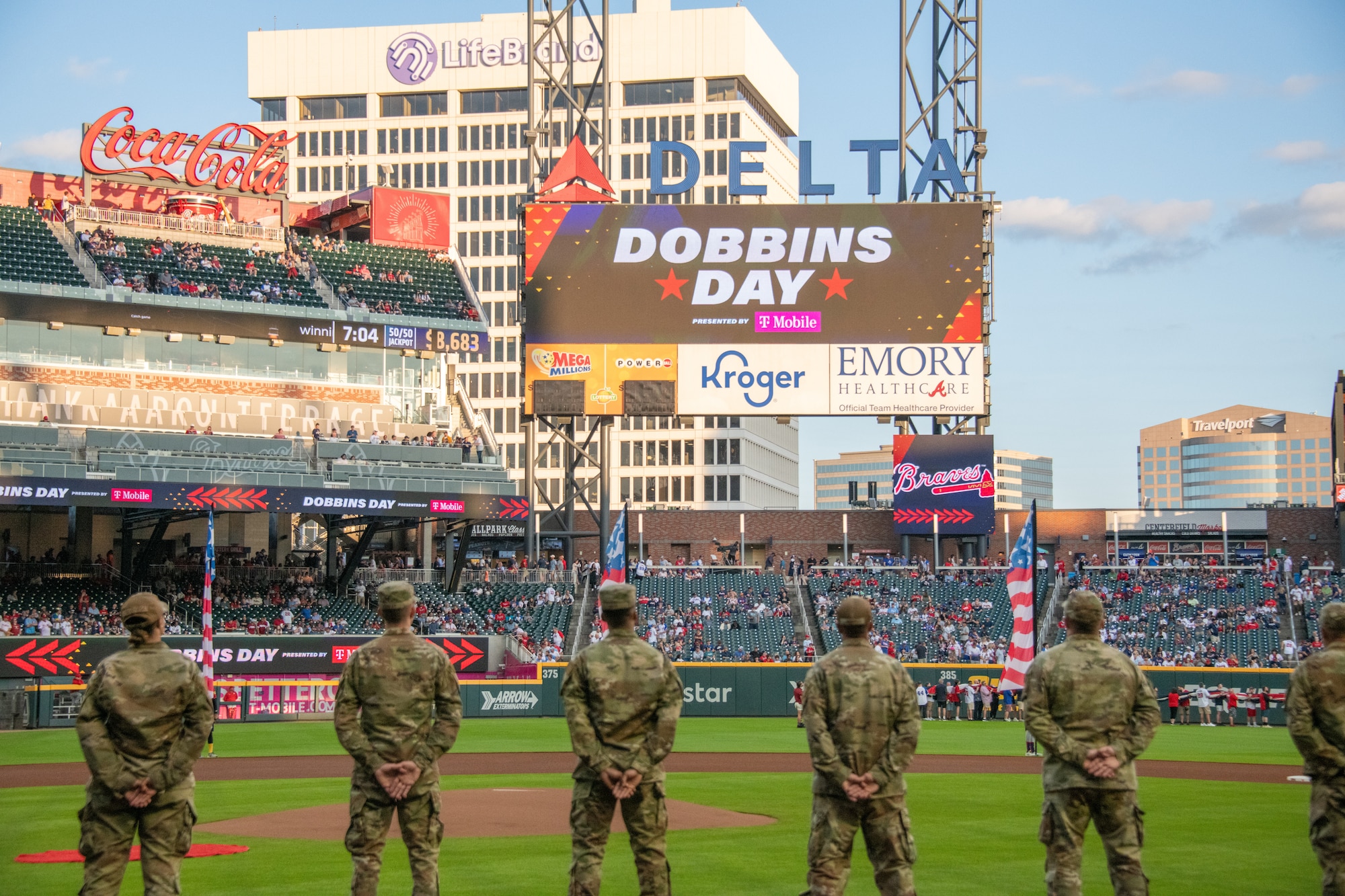Airmen line the field prior to an Atlanta Braves game