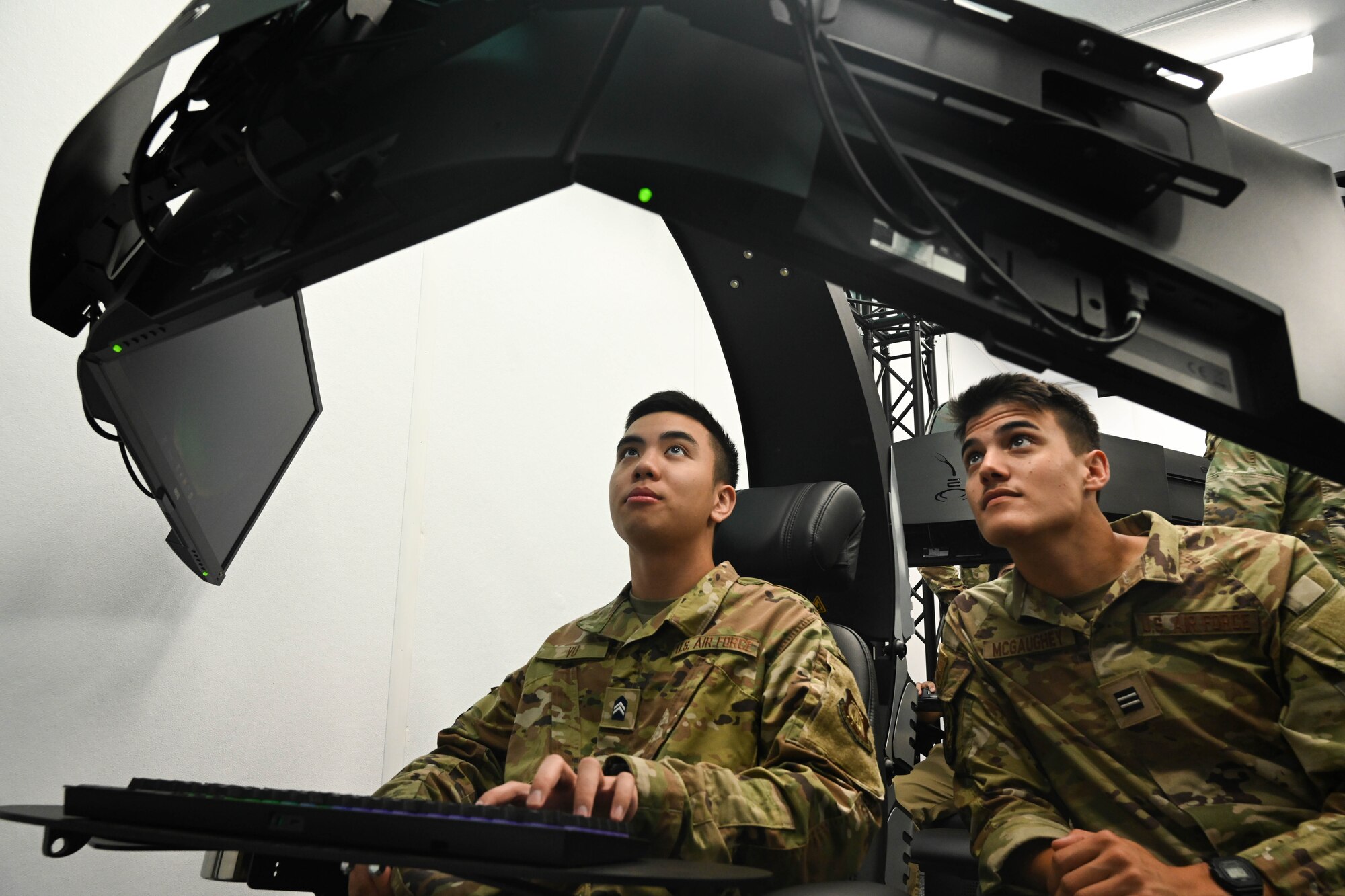 Henry Vu and Alexis McGaughey, Air Force ROTC Det. 845 cadets, utilize a cyber training range at the 97th Communications Squadron at Altus Air Force Base, Oklahoma, Sept. 14, 2023. The training range is used to educate Airmen on cyber security. (U.S. Air Force photo by Airman 1st Class Miyah Gray)