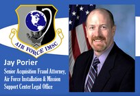 graphic with AFIMSC shield and photo of Porier