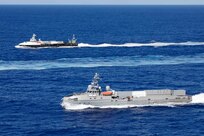 The unmanned surface vessel (USV) Ranger steams alongside the USV Mariner as both ships transit the Pacific Ocean during a photo exercise as part of Integrated Battle Problem (IBP) 23.2, Sep. 7, 2023. IBP 23.2 is a Pacific Fleet exercise to test, develop and evaluate the integration of unmanned platforms into fleet operations to create warfighting advantages. (U.S. Navy photo by Mass Communication Specialist 2nd Class Jesse Monford)
