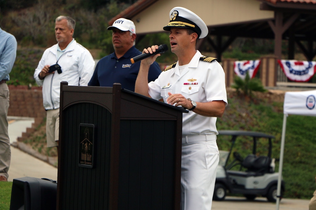 Naval Base Commanding Officer Captain Robert Healy provides opening remarks for the 2023 Armed Forces Sports Golf Championship. 2023 marks the 75th anniversary of Armed Forces Golf. This year, Naval Base San Diego hosts the championship at the Admiral Baker Golf Course, featuring teams from the Army, Marine Corps, Navy, and Air Force (with Space Force players); and for the first time as a stand alone team, the U.S. Coast Guard.  Department of Defense Photo by Mr. Steven Dinote - Released.