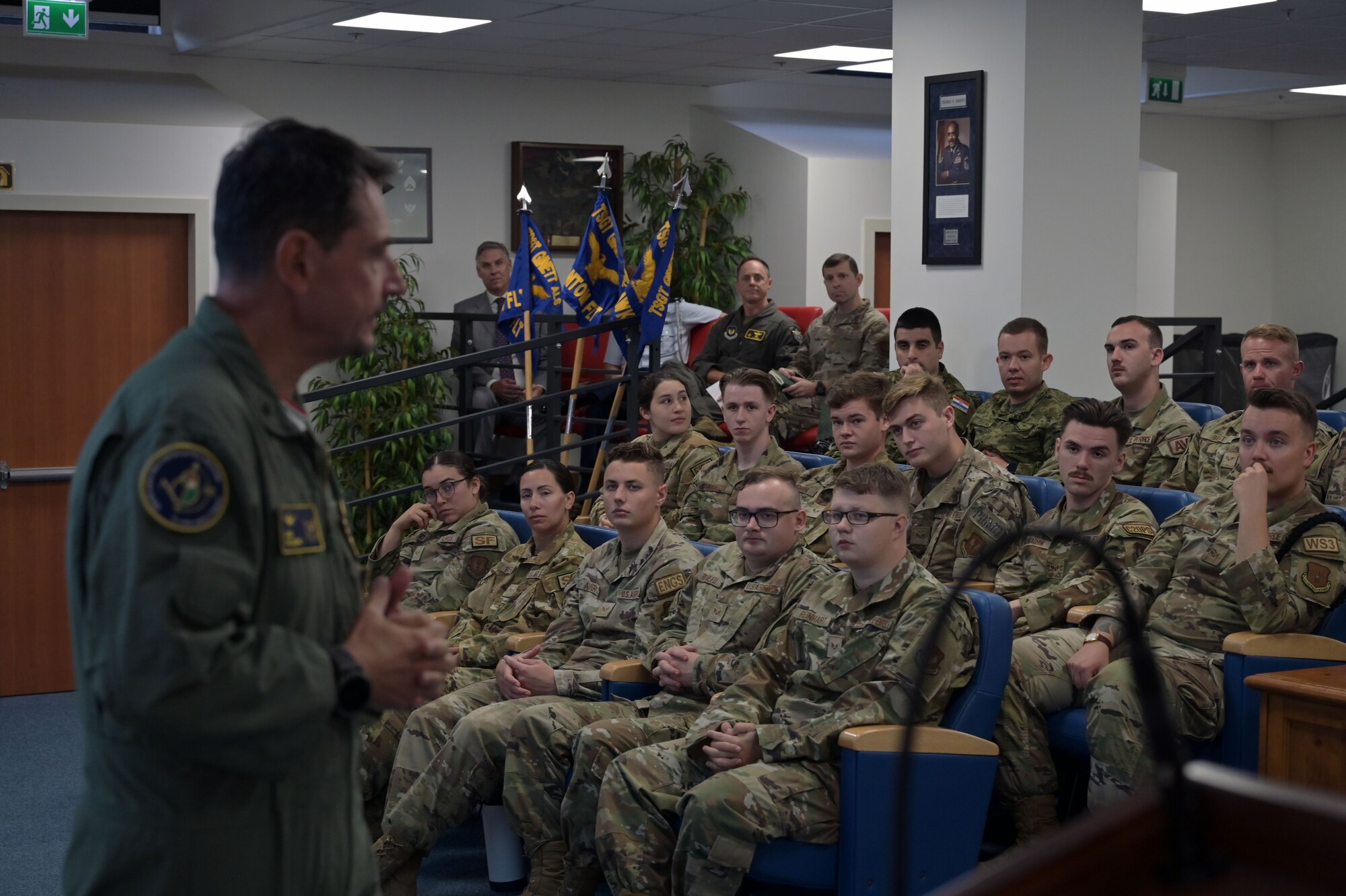 Maj. Gen. Luigi Del Bene speaks to students in the TSgt Adam K. Ginett Airman Leadership School.