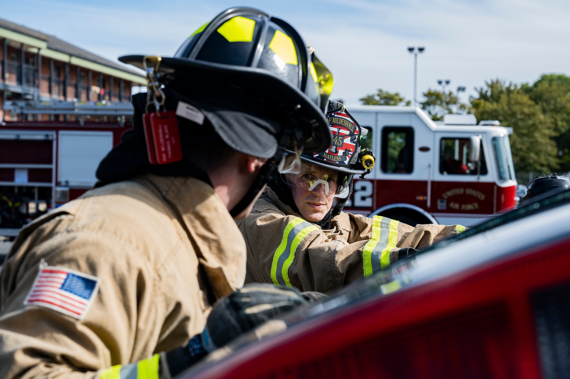 The exercise allowed 100th CES firefighters to use their expertise to perform a vehicle extraction where simulated mannequins are trapped in a wrecked vehicle.