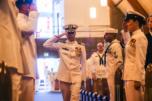 Capt. Aaron Werbel arriving at Navy Medicine Readiness and Training Command Lemoore Change of Command Ceremony located at the Naval Air Station Lemoore chapel.