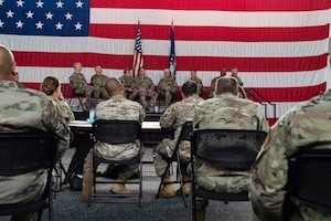 Group commanders assigned to the 93rd Air Ground Operations Wing participate in a panel to answer questions from throughout the wing on Sept. 20, 2023, at Moody Air Force Base, Georgia. The 93rd AGOW’s Commander’s Conference allowed geographically separated units based throughout the continental United States to have an opportunity to communicate directly with each other and wing headquarters leadership. (U.S. Air Force photo by Staff Sgt. John Crampton)