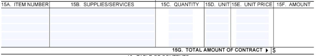 Box 15 of the Award/Contract (SF26 Form) for Contract line item information including: Item Number, Supplies/Services, Quantity, Unit, Unit Price, Amount and Total Amount of Contract