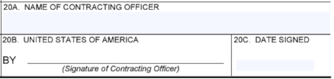 Box 20 of the Award/Contract (SF26 Form) for Name of Contracting Officer, Signature of Contracting Officer in United States of America block, and Date signed
