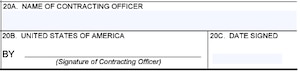 Box 20 of the Award/Contract (SF26 Form) for Name of Contracting Officer, Signature of Contracting Officer in United States of America block, and Date signed
